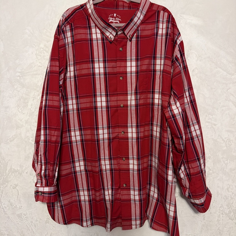 Liberty Blues Size 6XL Big Mens Red Plaid Long Sleeve Button Down Shirt